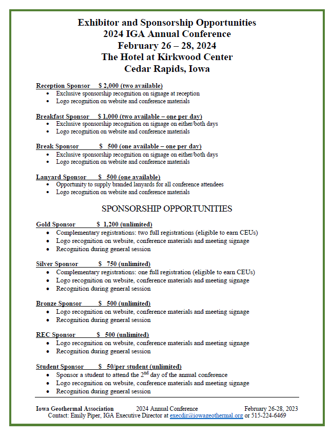 Exhibitor & Sponsor Registration Iowa Geothermal Association