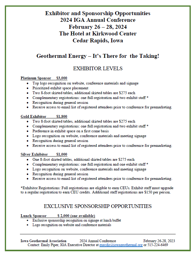 Exhibitor & Sponsor Registration Iowa Geothermal Association